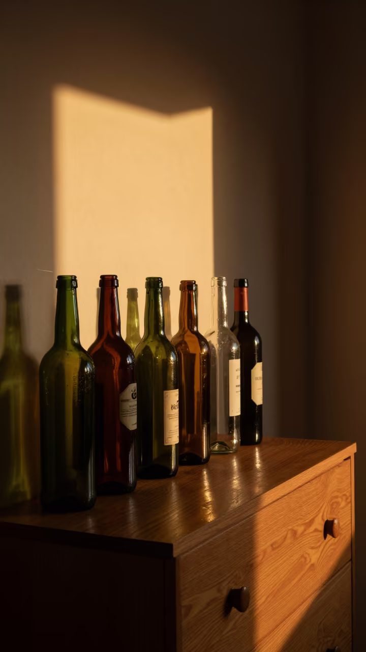 Sunset Glow on Colored Glass Bottles Hotel Window in on a hotel dresser in Medellin