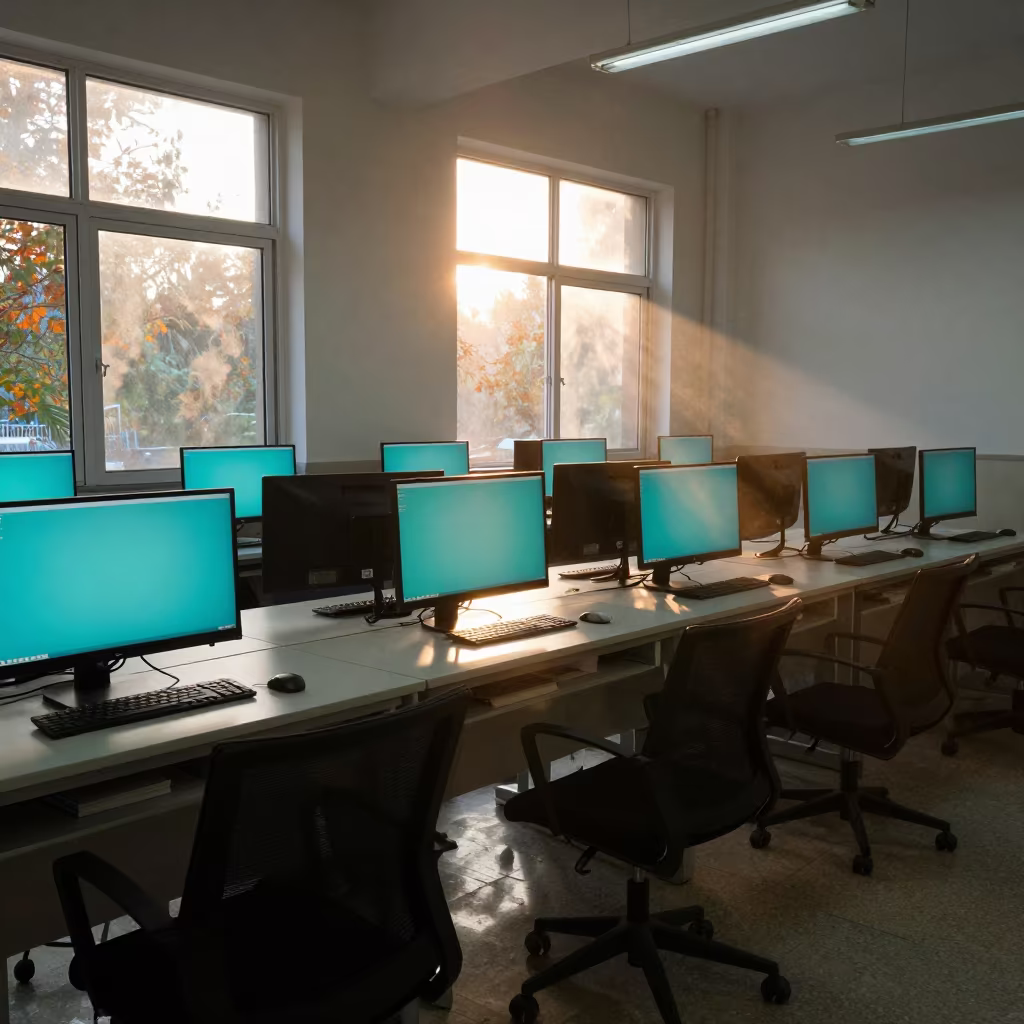 Sunset Glow in Empty Autumn Computer Lab in inside a quiet classroom near Zhengzhou