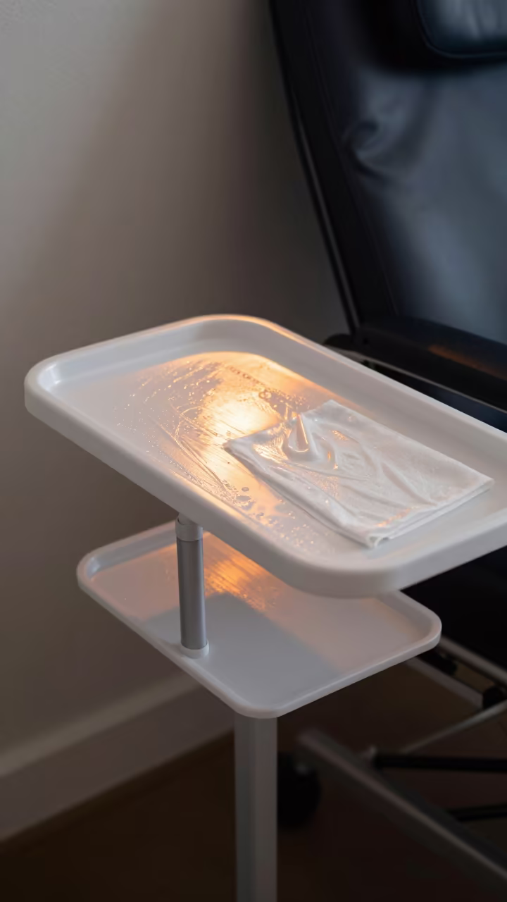 Sunset Glow on Hospital Tray After Wipe Down in on a bedside table in Honolulu