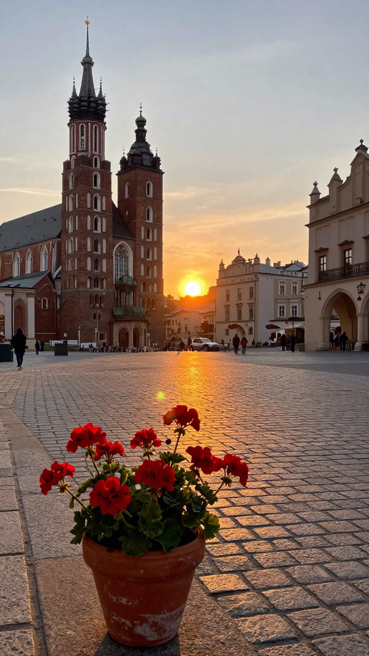 Sunset Glow in Krakow at As The Sun Drops Toward The Horizon in in Krakow, Poland