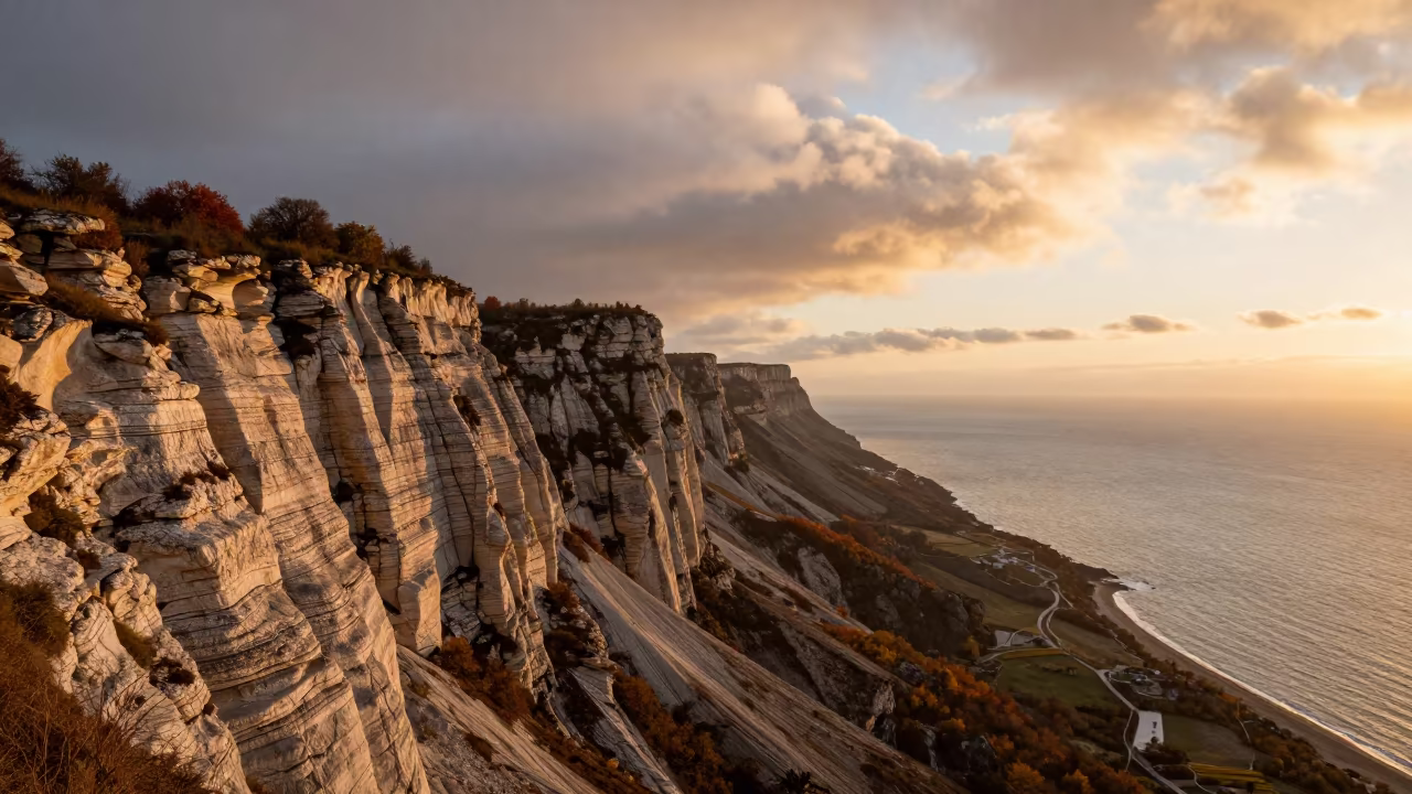Sunset Glow on Italian Cliff Strata in across a wide valley floor in Italy