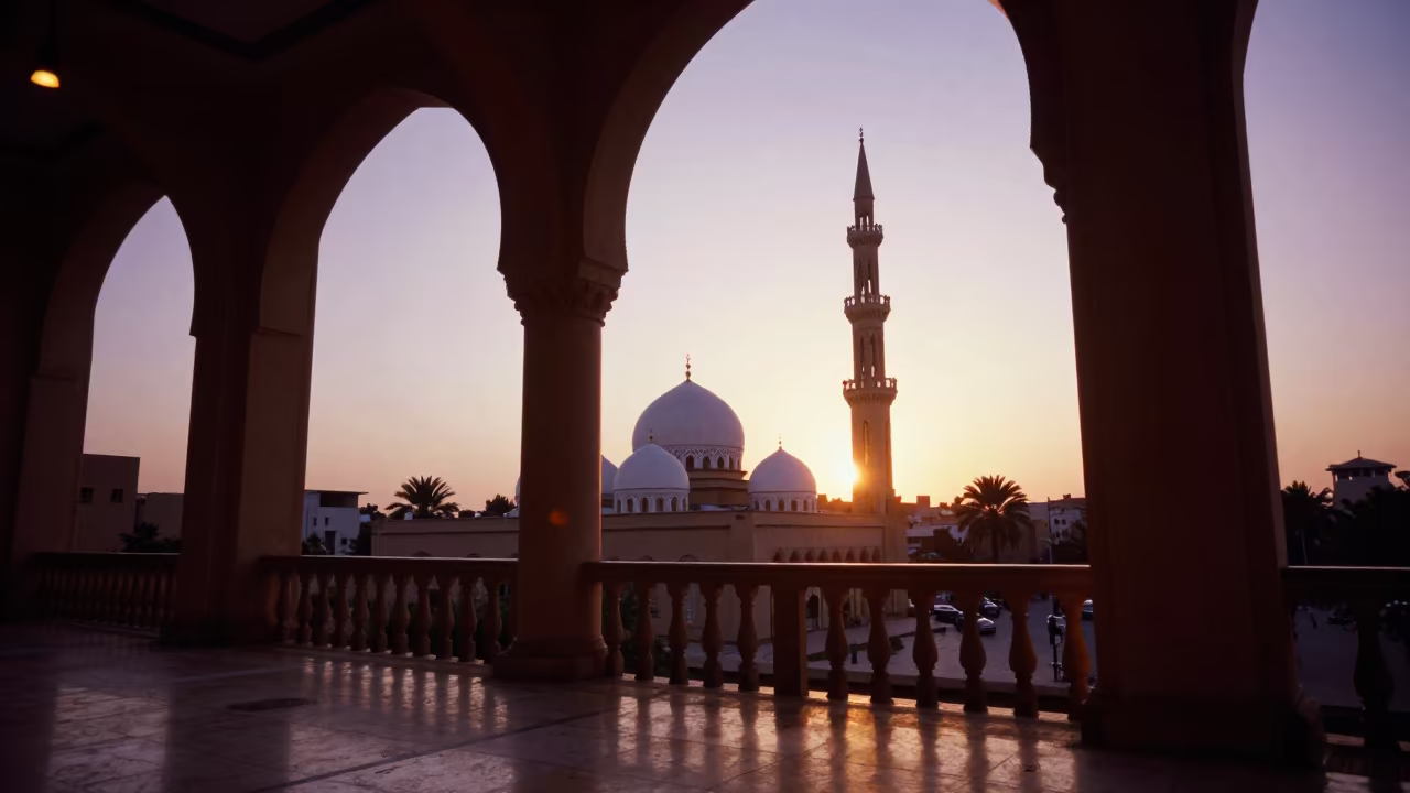 Sunset Glow on Minaret Balcony Domes in in a mosque prayer hall in Nouakchott
