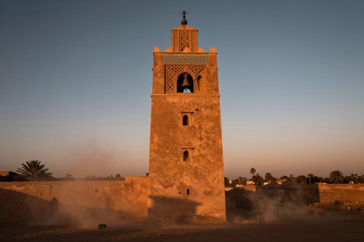 Sunset Glow on Niger Adobe Bell Tower in in Niger