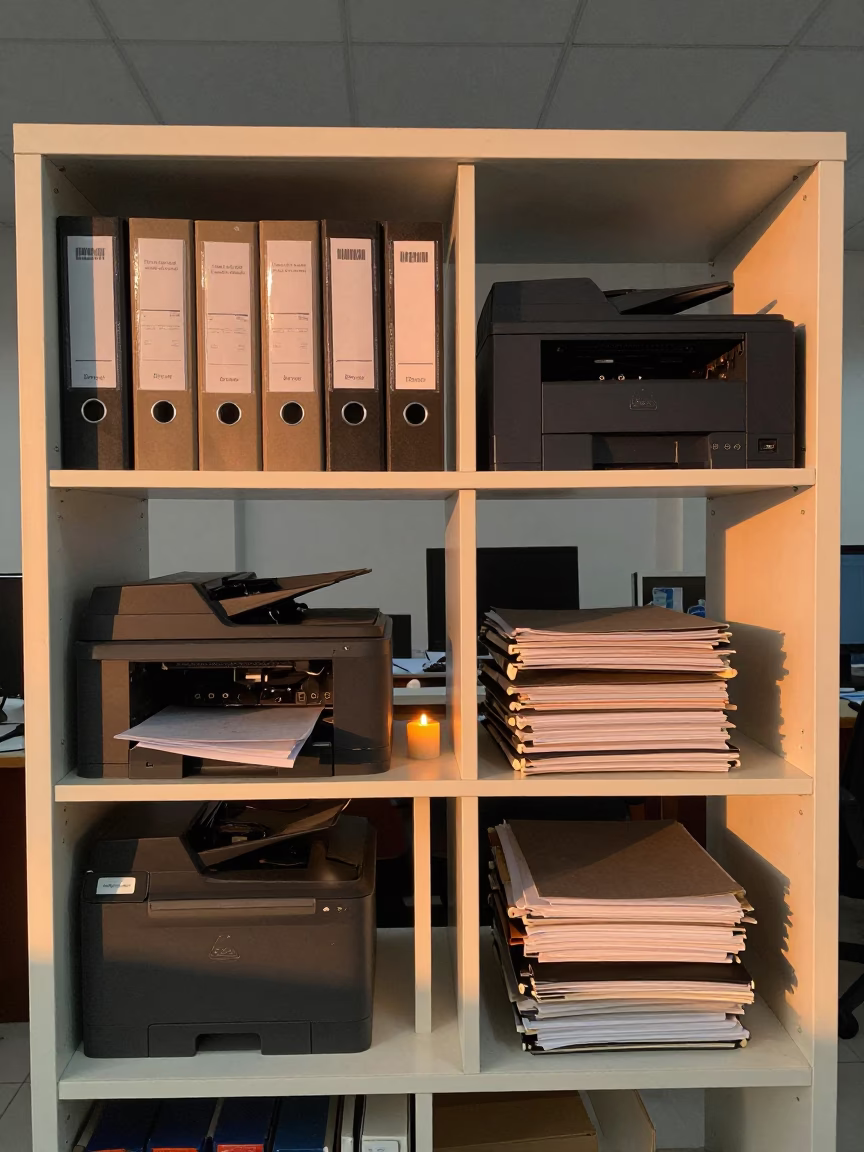 Sunset Glow on Office Shelf and Binders in inside an open-plan office bay in Ibagué