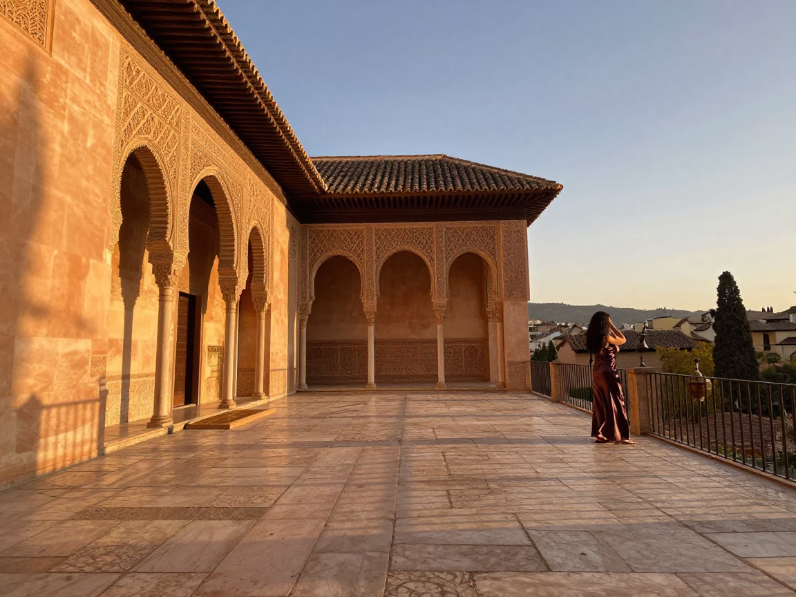 Sunset Glow on Alhambra Walls with Vintage Decanter and Street Life in Granada Spain in in Granada, Spain