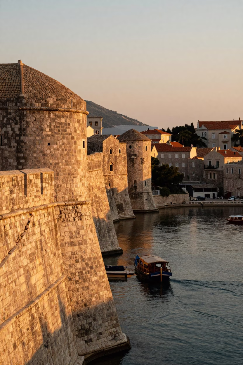 Sunset Glow on Ancient Stone Walls with Barge on Canal in Dubrovnik Croatia in in Dubrovnik, Croatia