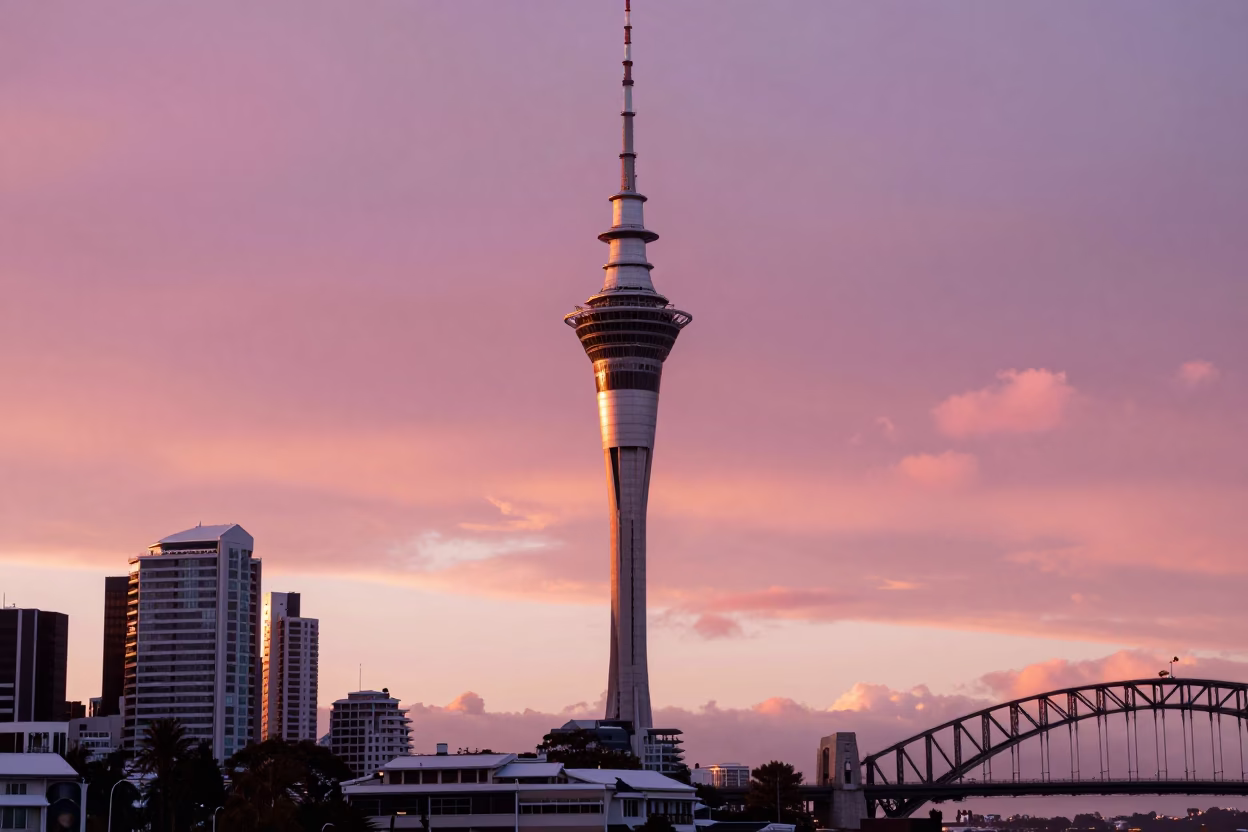 Sunset Glow on Auckland Sky Tower and Harbour Bridge with Pedestrian Traffic in in Auckland, New Zealand