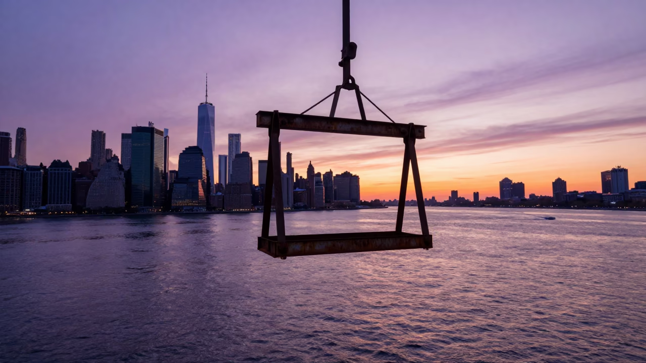 Sunset Glow on Bridge Maintenance Cradle Over Cold River in New York City in in New York, New York, United States