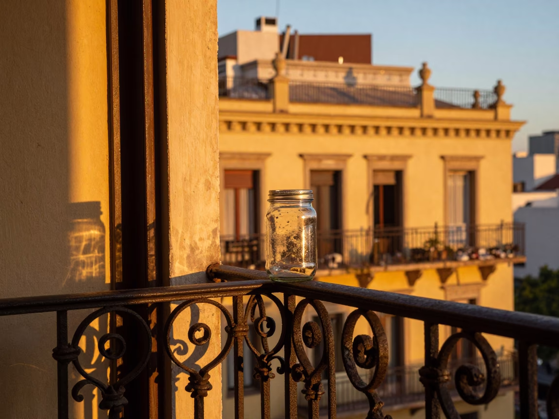 Sunset glow on Buenos Aires balcony with glass jar and linen details in in Buenos Aires, Argentina