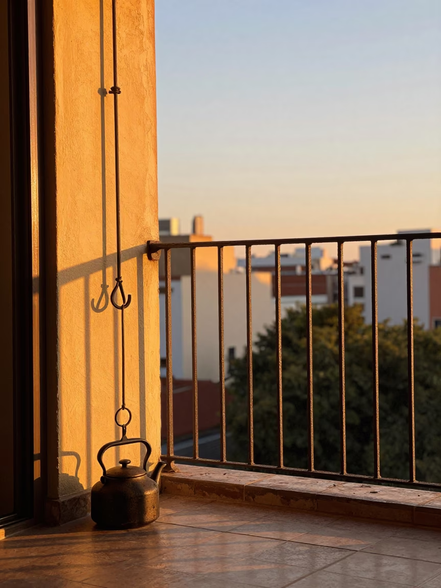 Sunset Glow on Buenos Aires Balcony with Iron Hook and Kettle in in Buenos Aires, Argentina