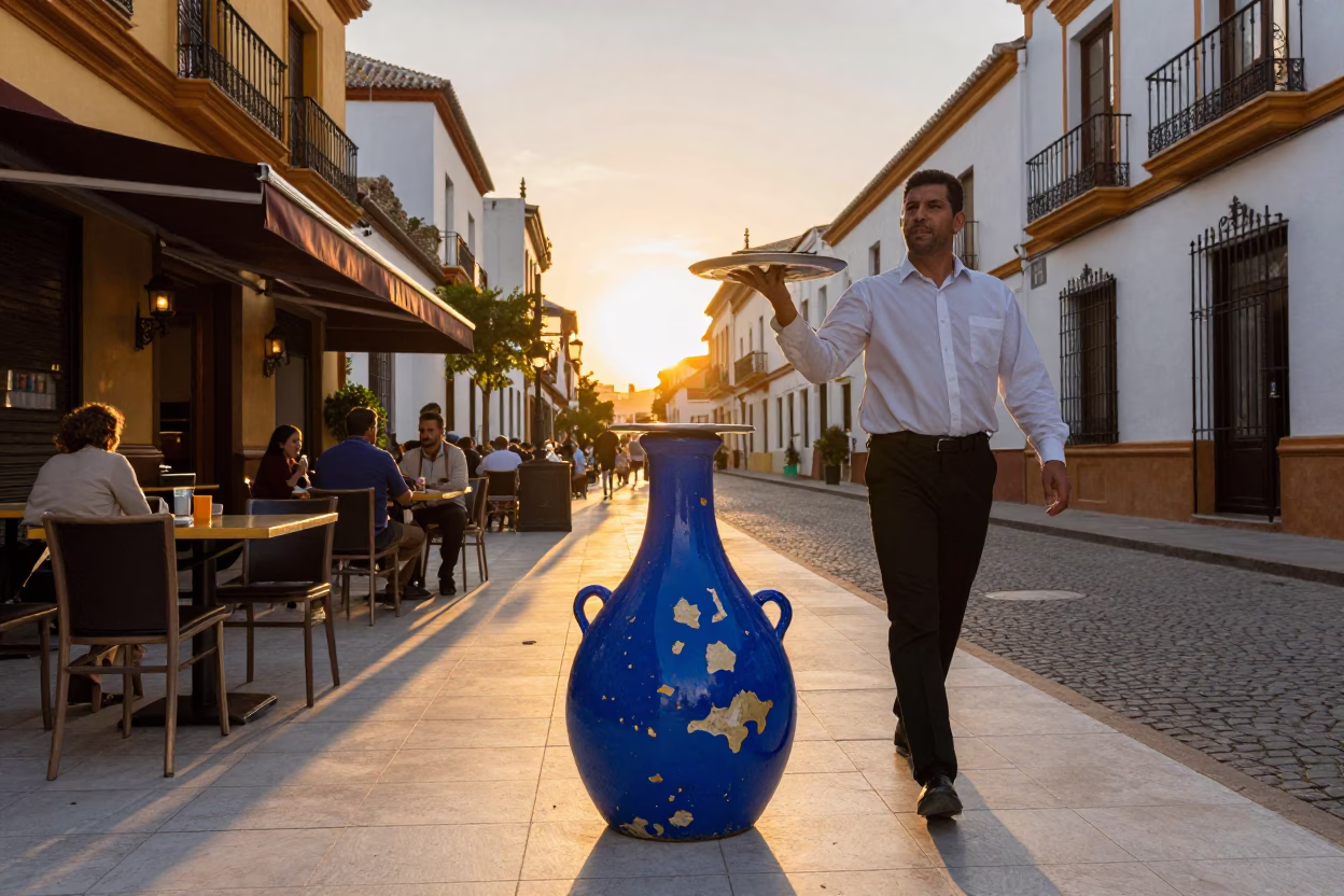 Sunset Glow on Chipped Blue Enamel Pot in Granada Spain Street Scene in in Granada, Spain
