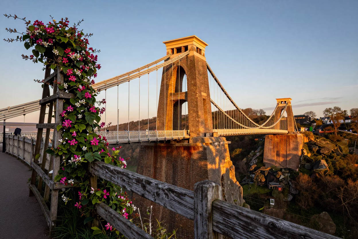 Sunset Glow on Clifton Suspension Bridge with Climbing Jasmine in Bristol United Kingdom in in Bristol, United Kingdom