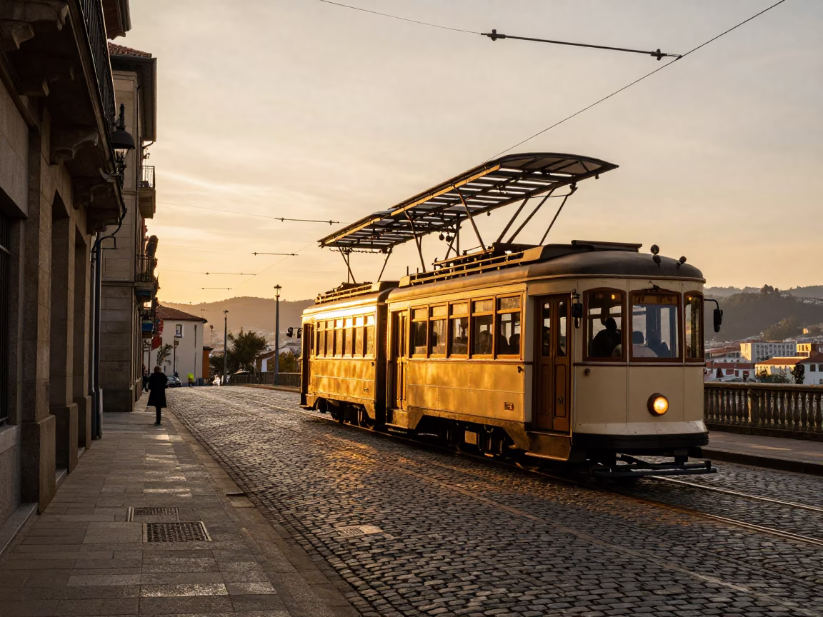 Sunset Glow on Cobblestone Avenue with Heritage Tram in Bilbao Spain in in Bilbao, Spain
