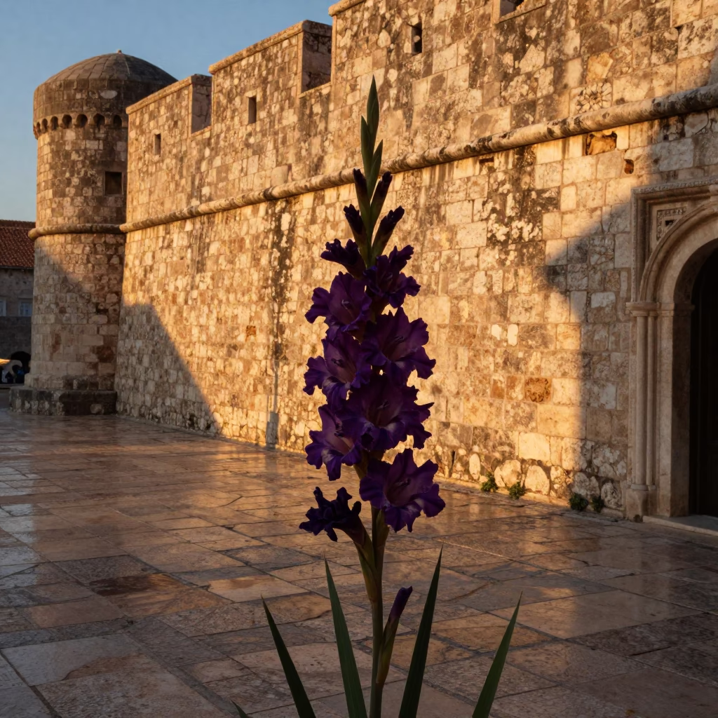 Sunset Glow on Dubrovnik Stone Walls with Gladiolus Spike and Shaving Brush in in Dubrovnik, Croatia