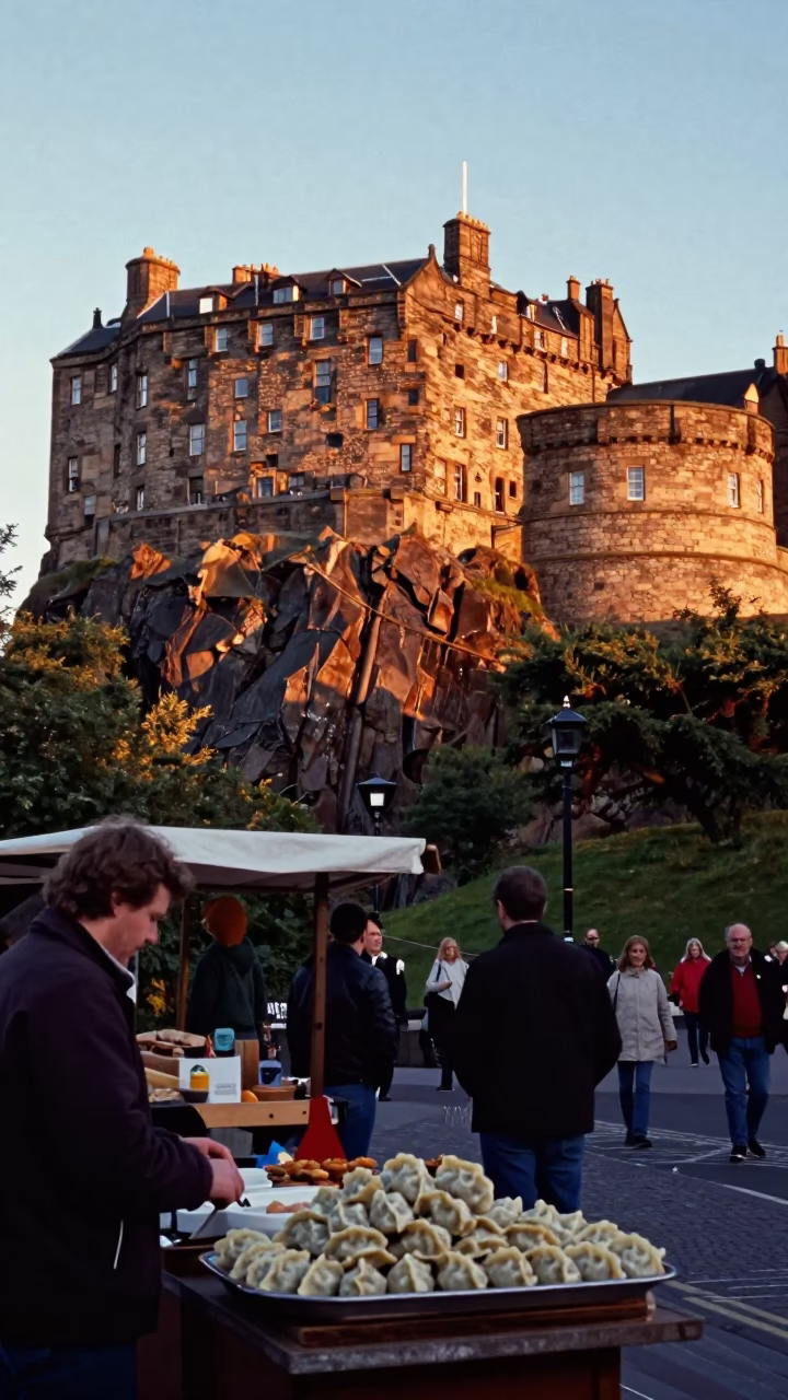 Sunset Glow on Edinburgh Castle Rock with Vintage 1980s Street Scene and Local Dining in in Edinburgh, United Kingdom