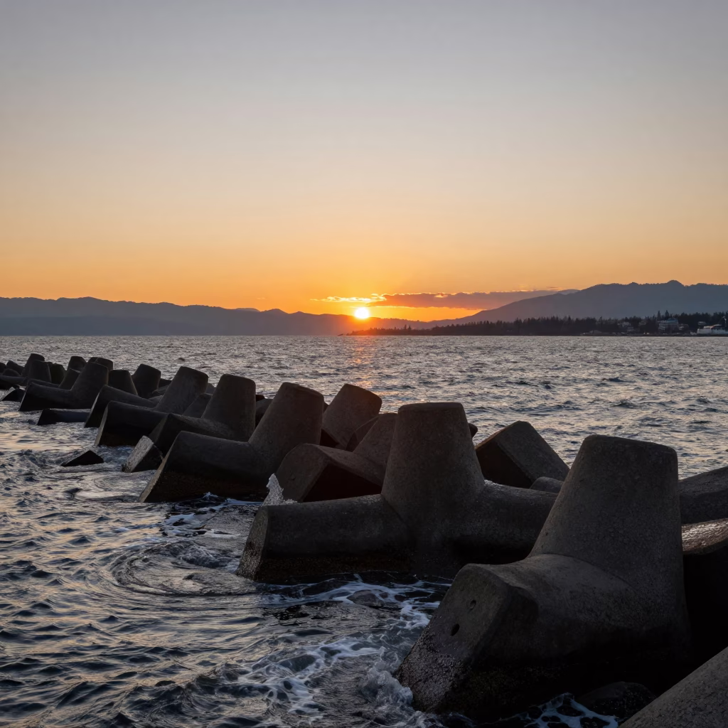 Sunset Glow on English Bay Breakwater Tetrapods and Coastal Spray in Vancouver in in Vancouver, British Columbia, Canada