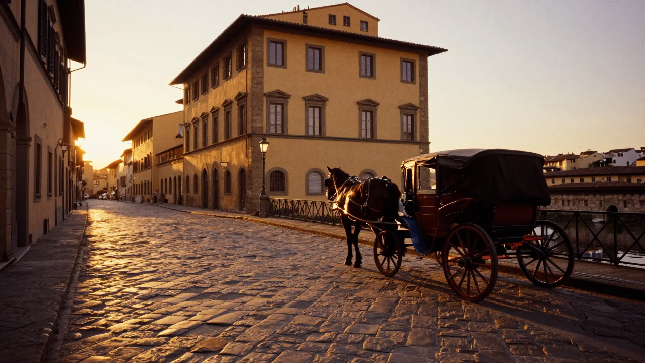 Sunset Glow on Florence Cobblestones with Horse-Drawn Cart and Tourists in in Florence, Italy