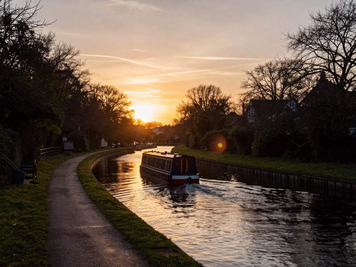 Sunset Glow on Liverpool Canal Narrowboat and Tree-Lined Waterway Bend in in Liverpool, United Kingdom