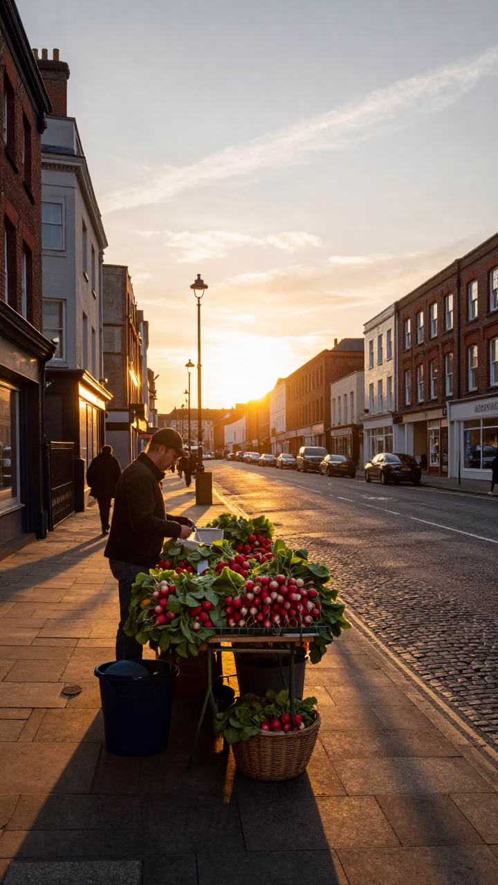 Sunset Glow on Liverpool Street Scene with Radishes and Urban Life in in Liverpool, United Kingdom
