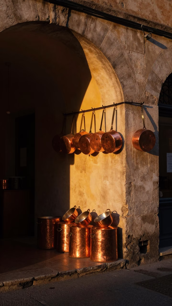 Sunset glow on Lyon traboules with copper pots and wooden shelves in in Lyon, France