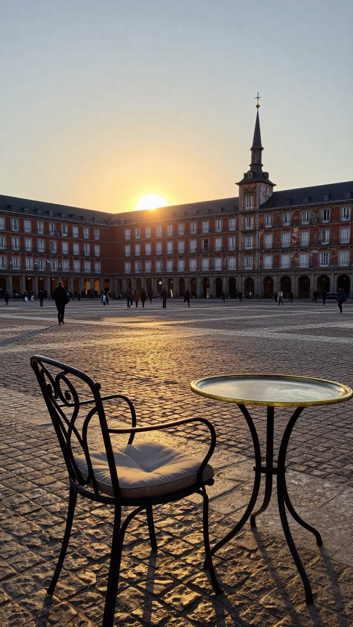 Sunset Glow on Madrid Plaza with Brass Details and Pastry Treats in in Madrid, Spain