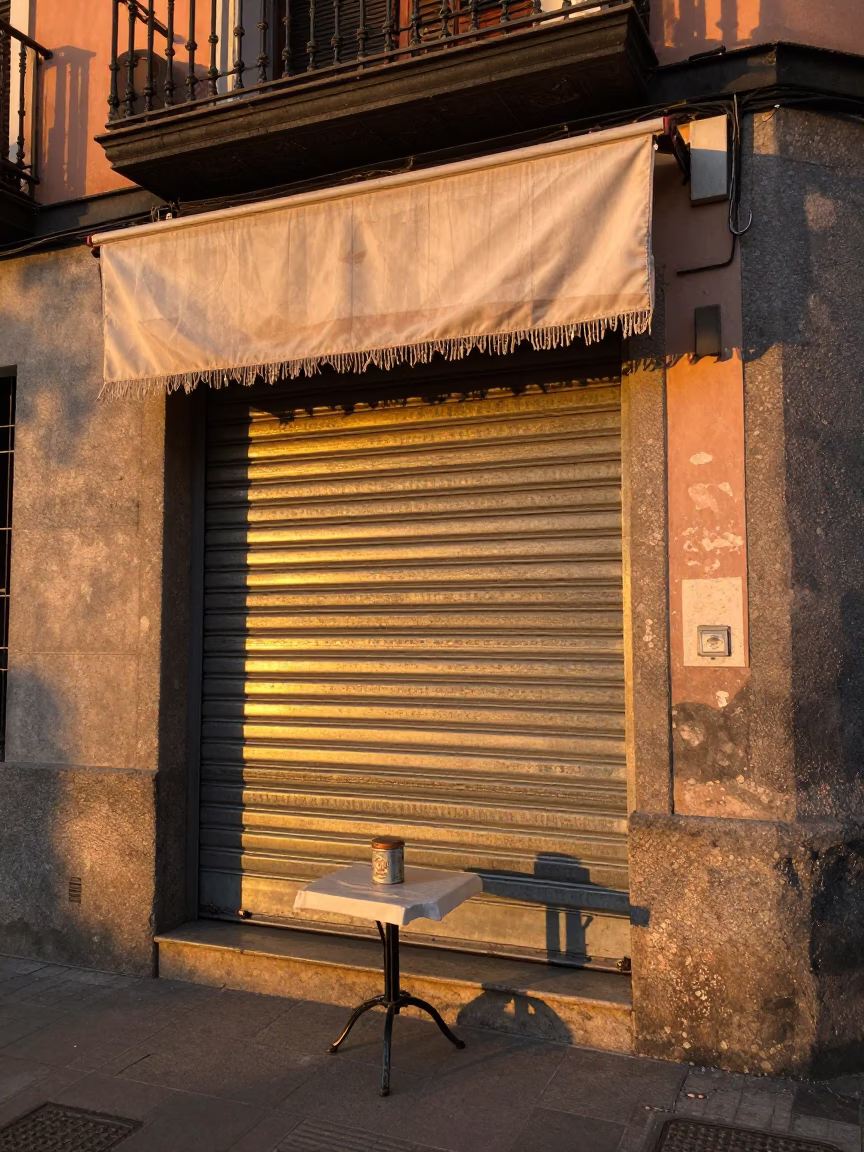 Sunset Glow on Madrid Street Corner with Linen Fringe and Tea Tin in in Madrid, Spain