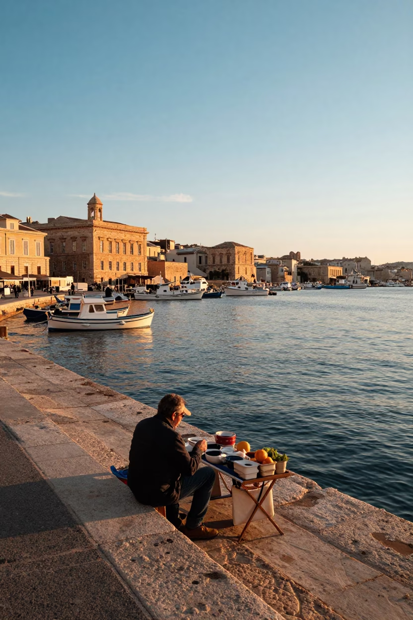 Sunset Glow on Marseille Vieux Port with Blue and White Porcelain in in Marseille, France