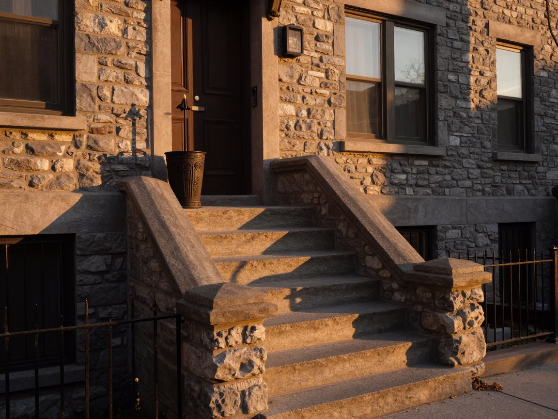 Sunset Glow on Montreal Staircase with Umbrella Stand and Aprons in in Montreal, Quebec, Canada