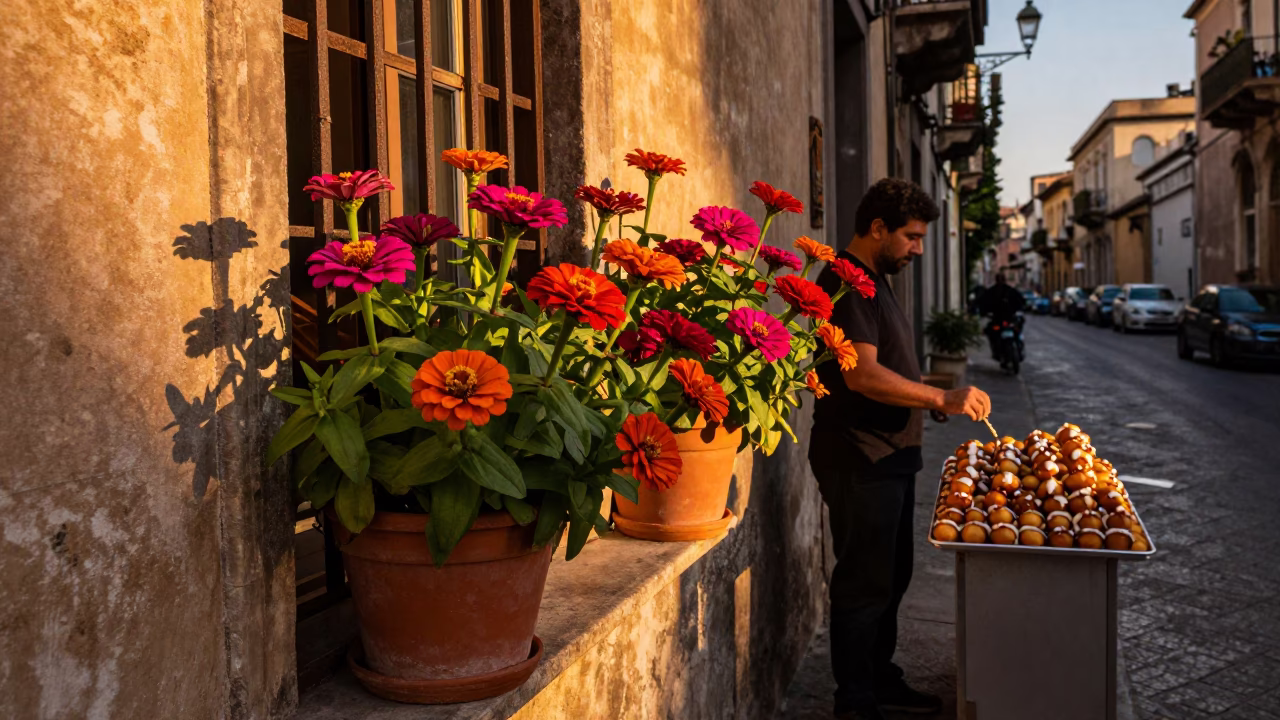 Sunset Glow on Palermo Street with Orange Zinnias and Honey Loukoumades in in Palermo, Italy