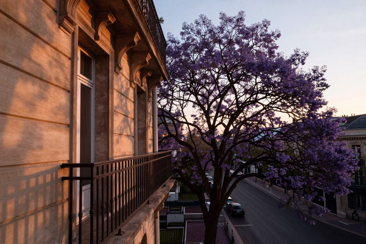 Sunset Glow on Parisian Balcony with Jacaranda Tree and Linen Details in in Paris, France