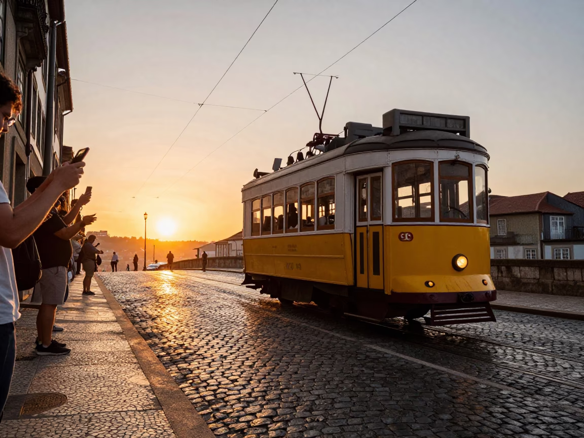 Sunset Glow on Porto Cobblestone Street with Vintage Tram and Local Diners in in Porto, Portugal