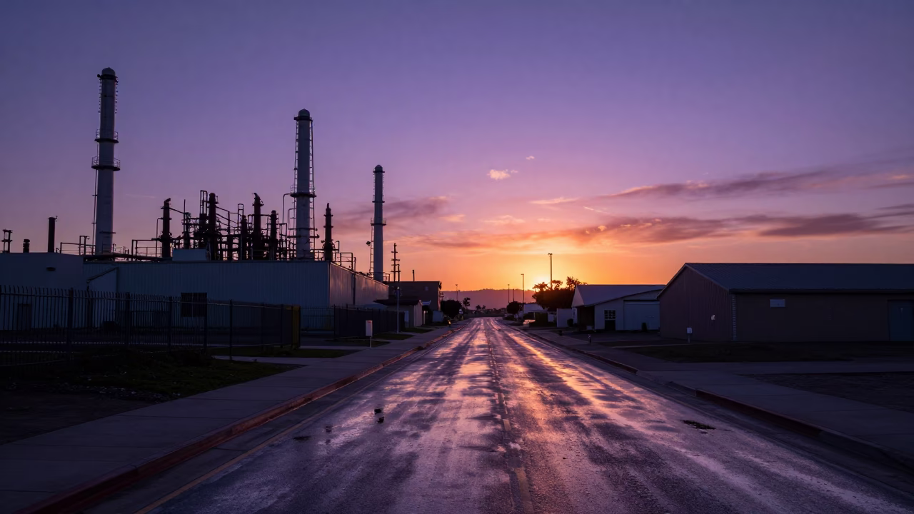 Sunset Glow on Puddled Oil Sheen at San Diego Substation Access Road in in San Diego, California, United States