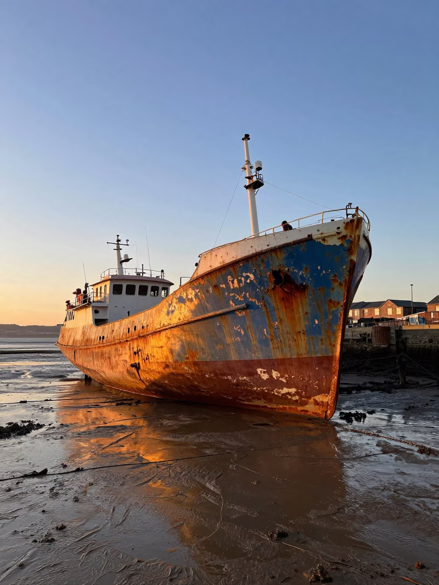 Sunset Glow on Rusting Trawler Hull in Bristol Harbourside Tidal Flats in in Bristol, United Kingdom