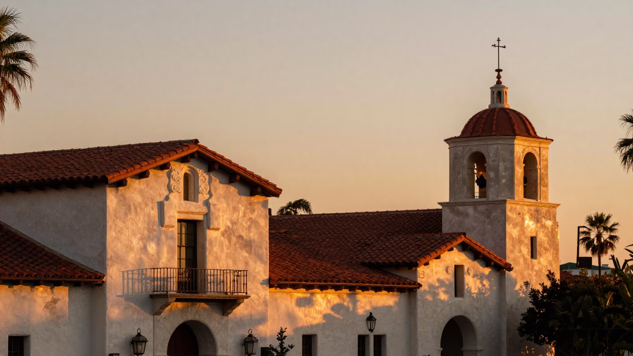 Sunset Glow on San Diego Balboa Park Spanish Colonial Architecture and Historic Street Scene in in San Diego, California, United States