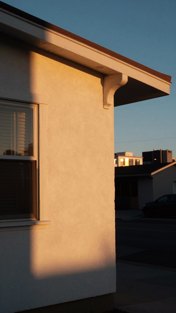 Sunset Glow on San Diego Plaster Wall with Vintage Glass of Kombucha in in San Diego, California, United States