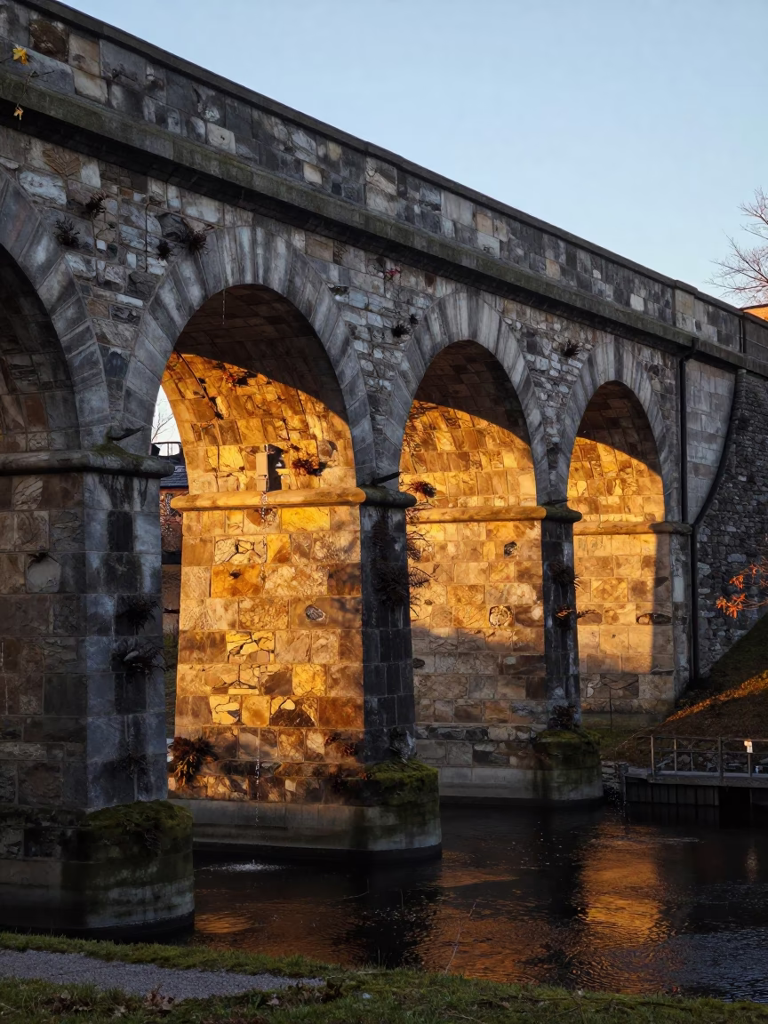 Sunset Glow on Stockholm Bauhaus Architecture and Stone Viaduct Details in in Stockholm, Sweden