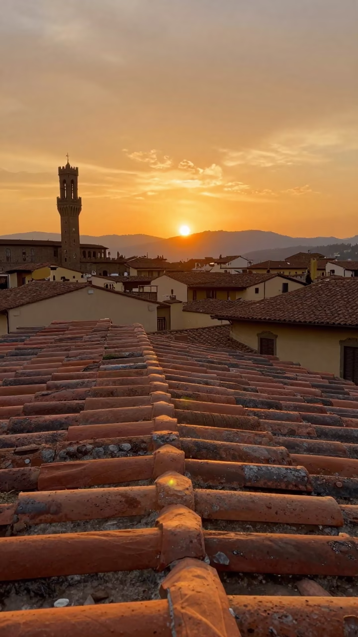 Sunset Glow on Tuscan Terracotta Rooftops and Historic Stone Walls in Florence Italy in in Florence, Italy