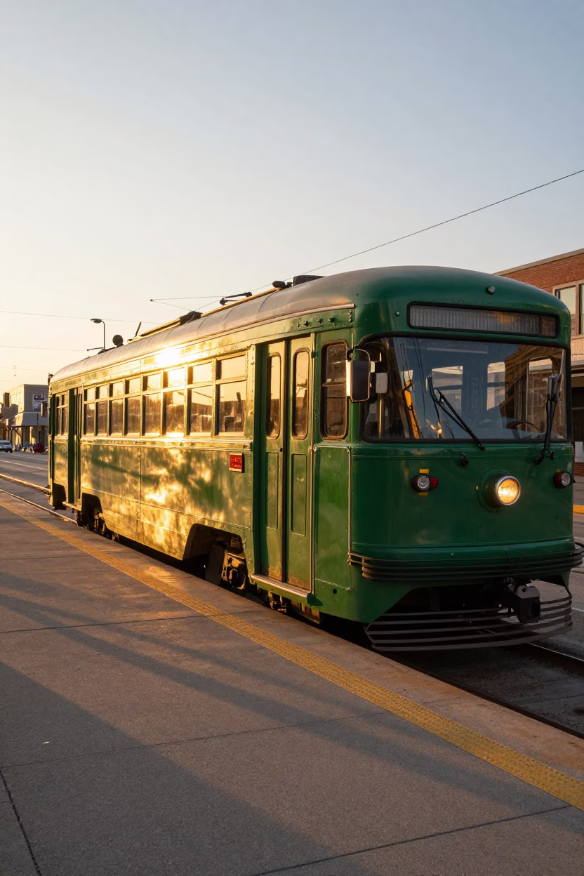 Sunset Glow on Vintage Toronto Streetcar at Union Station Platform with Urban Skyline in in Toronto, Ontario, Canada