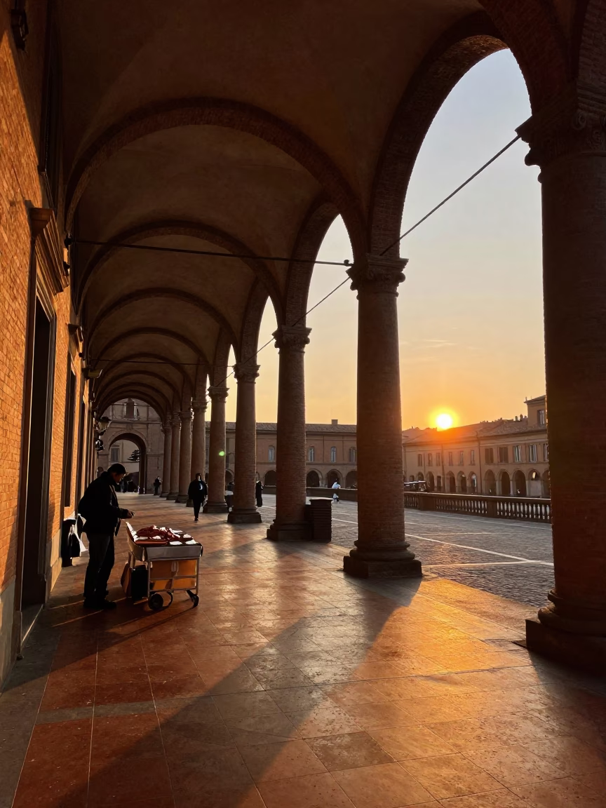 Sunset Glow Over Bologna Porticoes with Street Vendor and Potted Plants in in Bologna, Italy