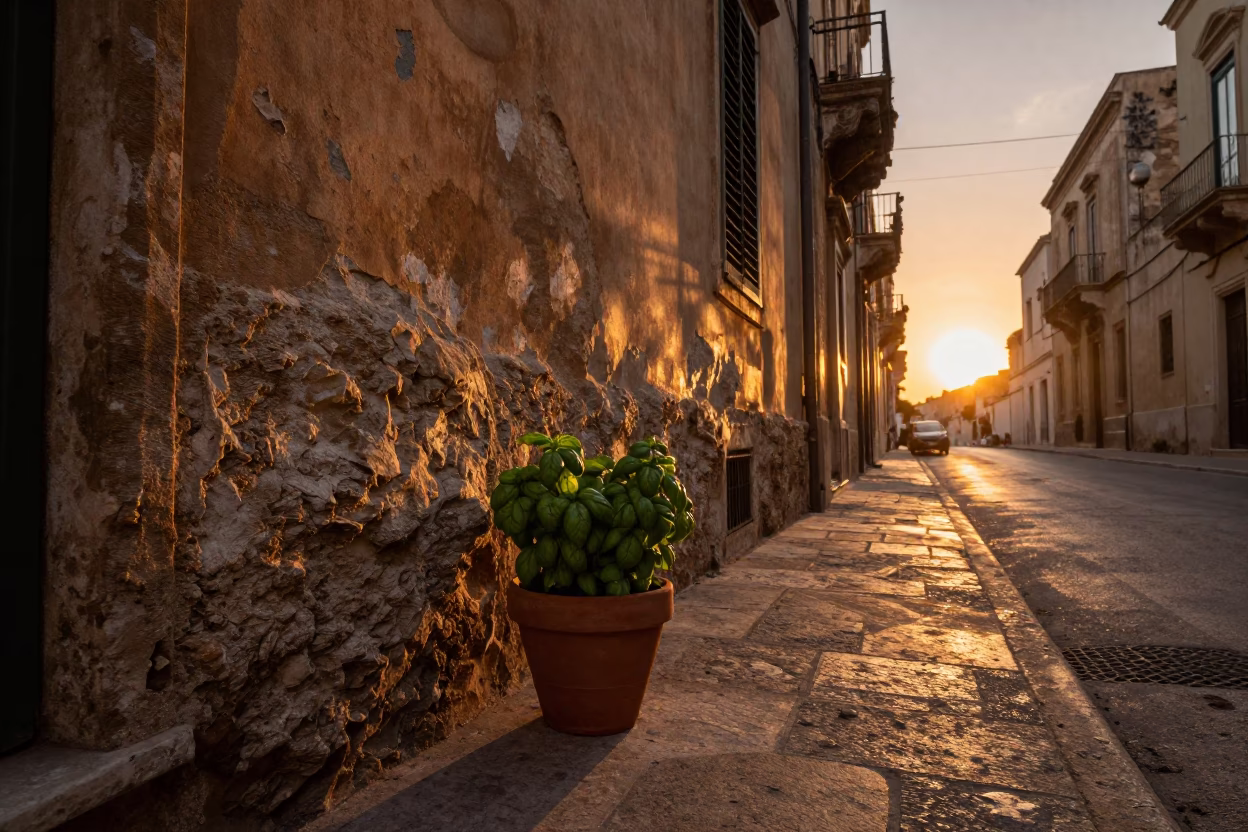 Sunset Glow Over Palermo Street Corner With Potted Herbs And Olives in in Palermo, Italy