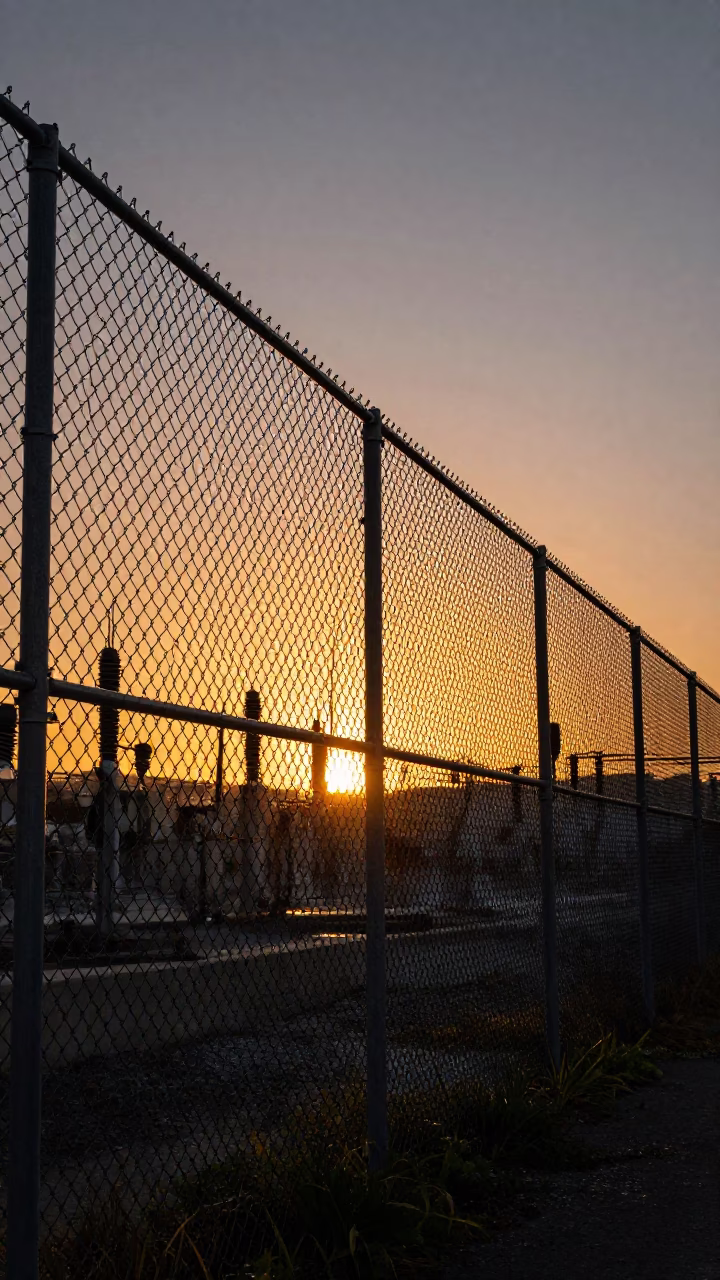 Sunset Glow Over San Francisco Substation Fence and Urban Infrastructure in in San Francisco, California, United States