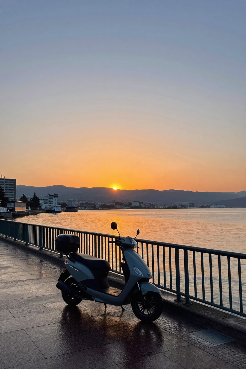 Sunset Glow Over Sapporo Harbor Promenade with Parked Scooter and Distant Fireworks in in Sapporo, Japan