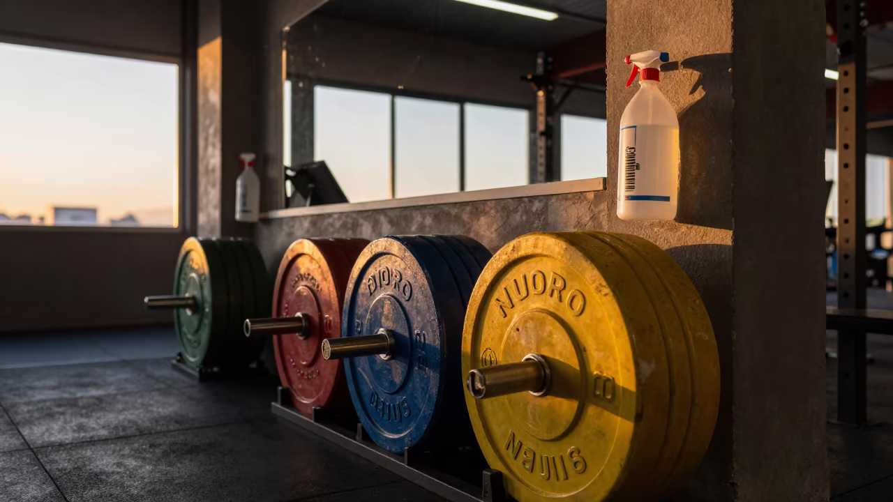 Sunset Glow on Racked Bumper Plates in at a gym check-in desk near Tarija