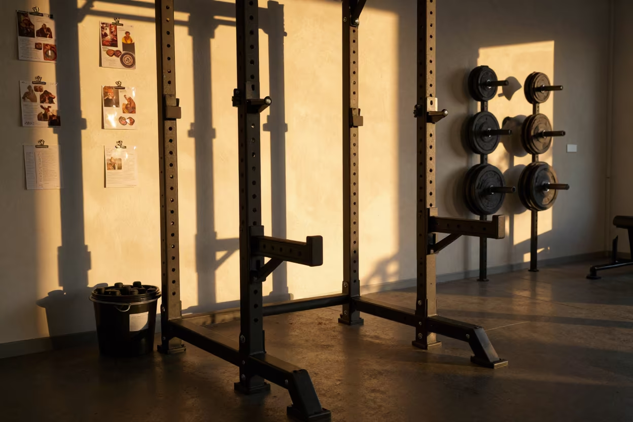 Sunset Glow on Squat Rack in Vladivostok Gym in beside a squat rack row before the rush in Vladivostok