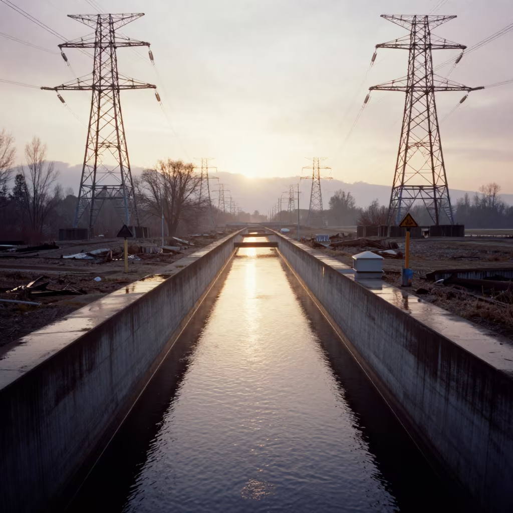 Sunset Glow on Strathcona Canal Aqueduct in beneath transmission towers near Strathcona, Vancouver