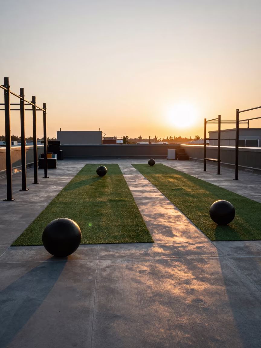 Sunset Glow Over Turf Lanes and Medicine Balls in inside a strength room in Ponce