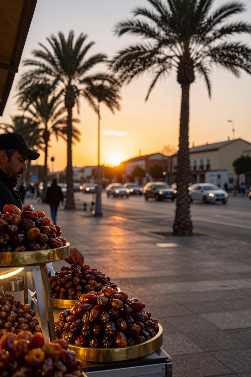 Sunset Golden Hour Street Scene in Madrid Spain with Date Palm and Brass Accents in in Madrid, Spain