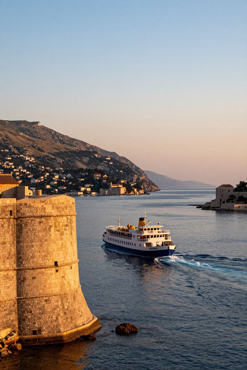 Sunset Harbor Scene in Dubrovnik Croatia Ferry Departure and Coastal Mountains in in Dubrovnik, Croatia