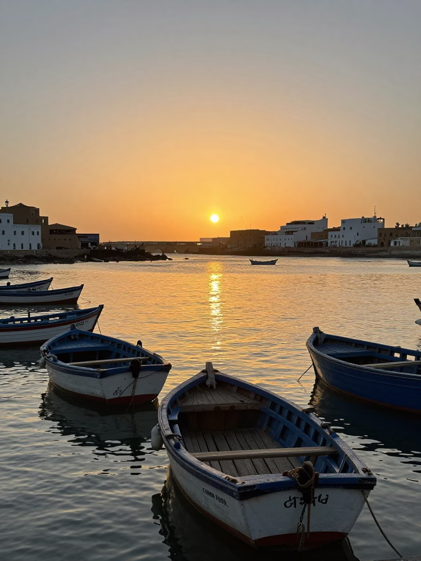 Sunset Harbor Scene in Essaouira Morocco with Wooden Fishing Boats and Coastal Activity in in Essaouira, Morocco