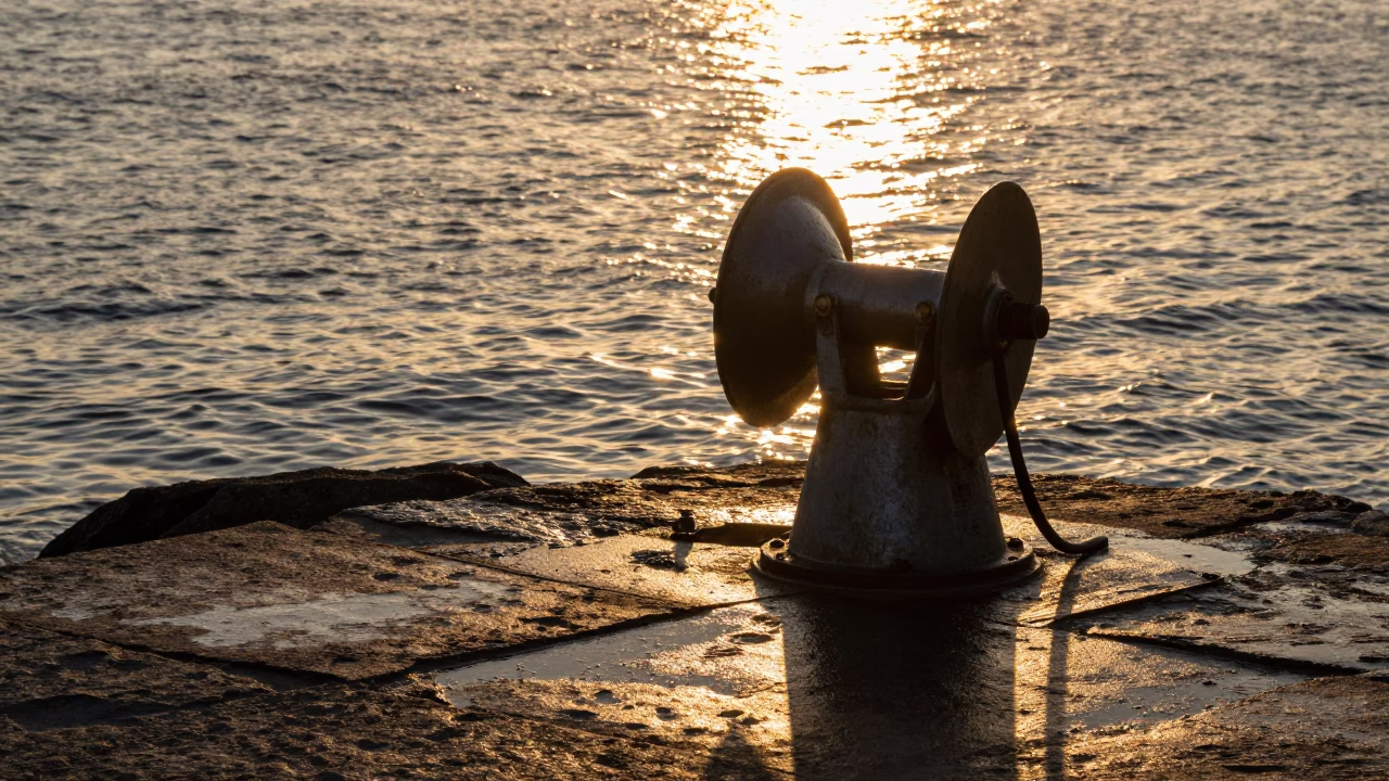 Sunset Harbor Scene in Halifax Nova Scotia with Hydrophone Winch and Golden Light in in Halifax, Nova Scotia, Canada